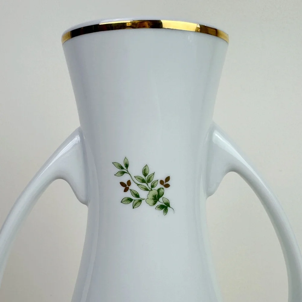 Hollohaza Hungary Erika Green Floral Handled Porcelain Vase